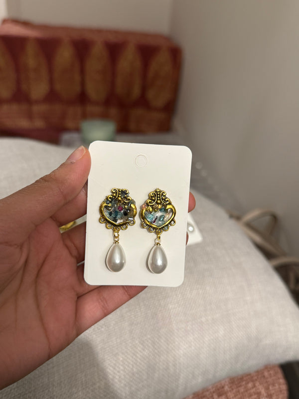 Blue Crushed Glass Stud Earrings - Handcrafted Resin Jewelry