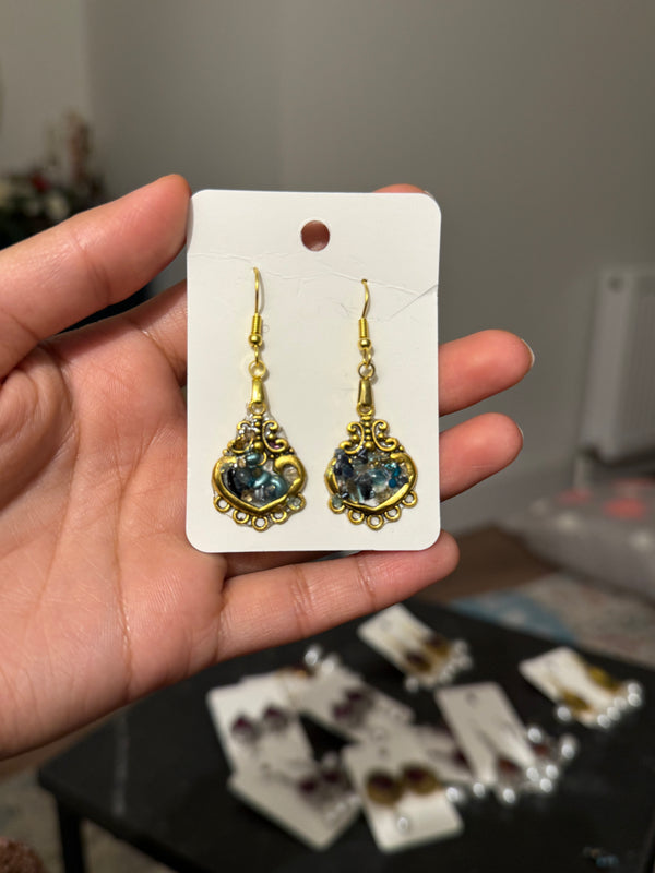 Blue Crushed Glass Dangle Earrings - Handcrafted Resin Jewelry